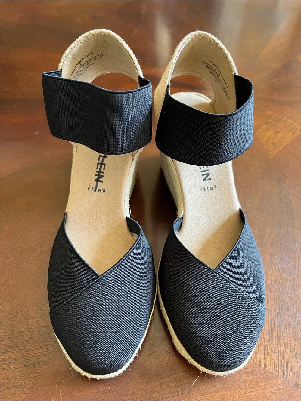 Anne Klein Black Elastic Ankle Espadrille Wedges
